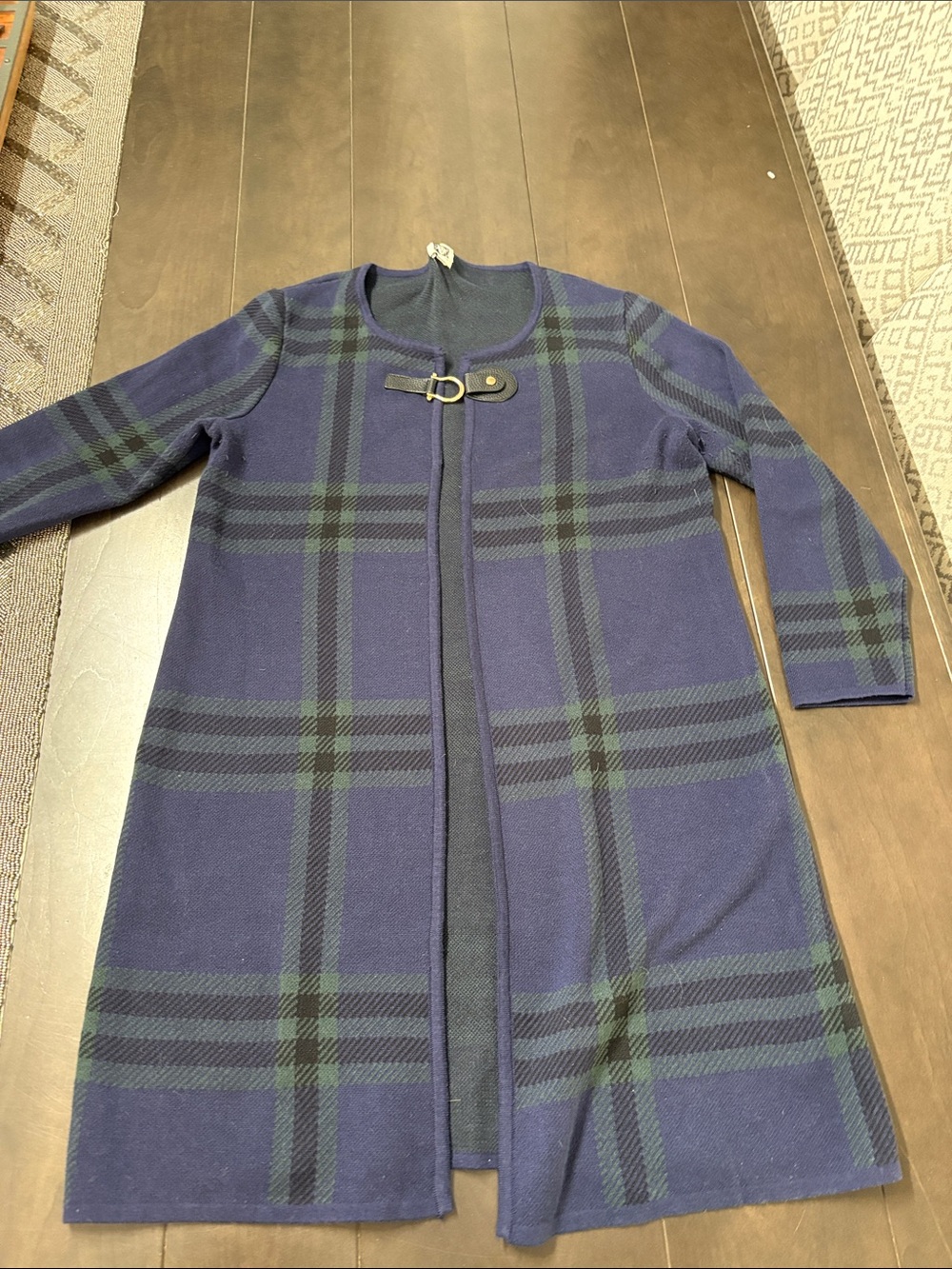 Anne Klein Navy & Forest Green Plaid Knit Long Cardigan